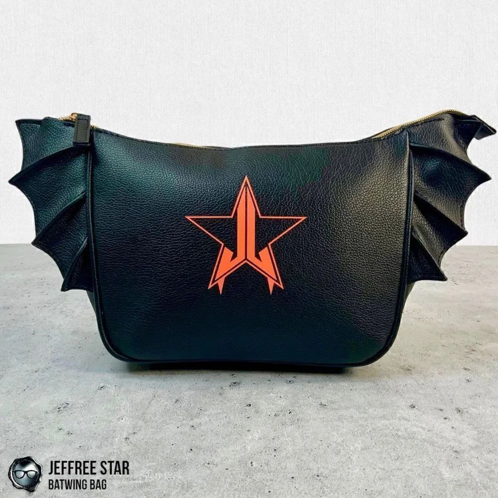 JEFFREE STAR BAT PURSE ZIPPER MAKEUP COSMETIC BAG IN BLACK VEGAN LEATHER BATWING